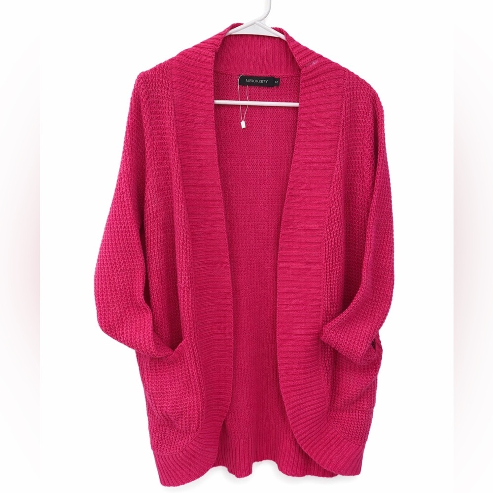 Hot pink Small knit crochet Open-Front Cardigan with pockets